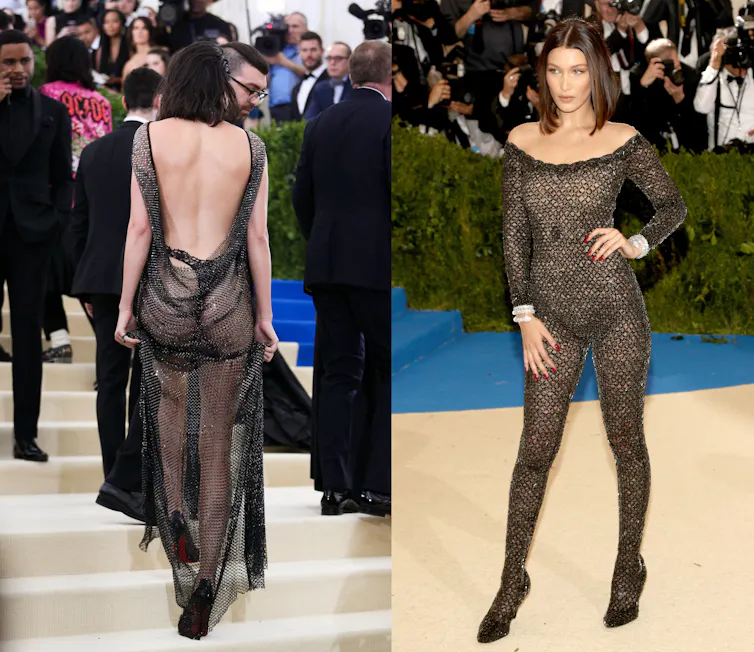 Jenner's back in a sheer black dress, Hadid's front in a sheer black catsuit.