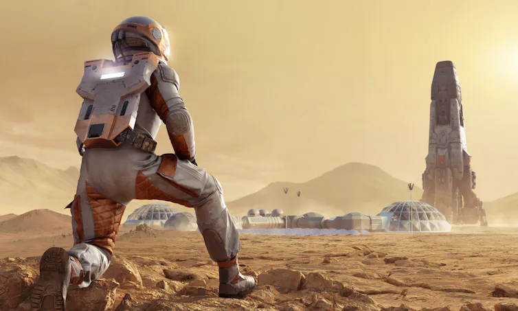 An illustration of an astronaut looking at a base camp on Mars.