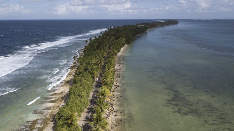 An aerial view of the of the narrowest part of the island is seen north of Funafuti, Tuvalu.