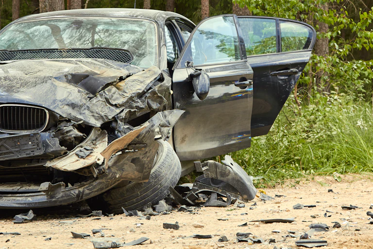 A car sits on the side of a rural road after an accident