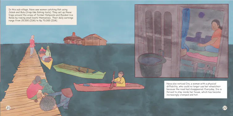 wooden quay, kayaks coming into moor - colourful illustration