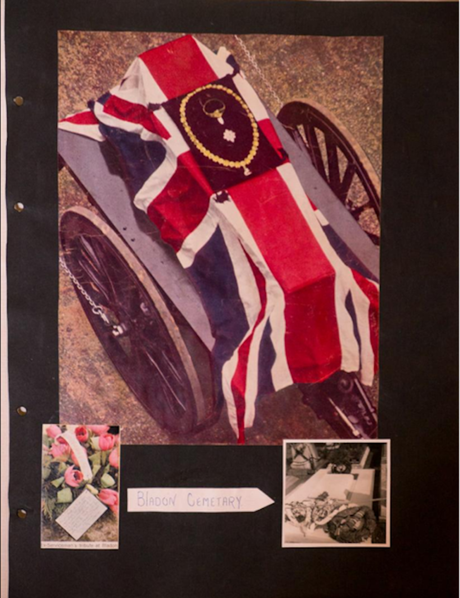 A page from a scrapbook showing pictures of Winston Churchill's funeral.