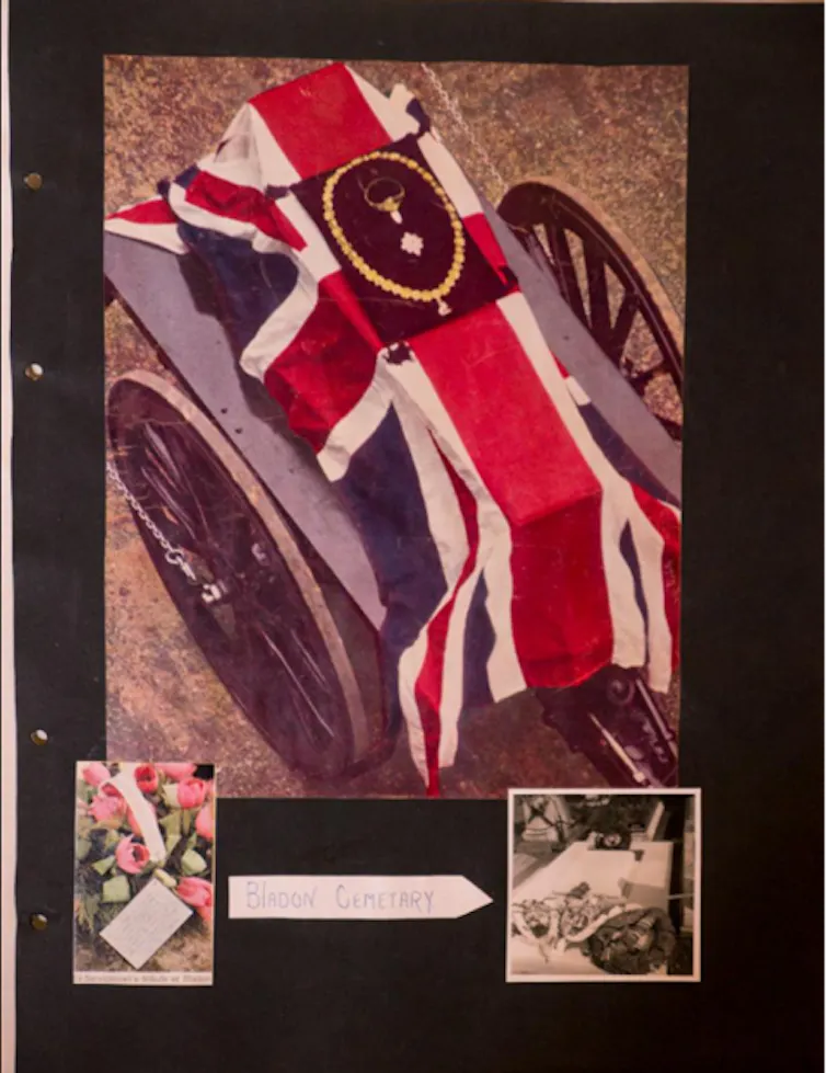 A page from a scrapbook showing pictures of Winston Churchill's funeral.