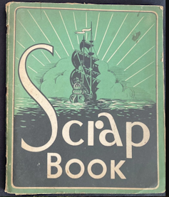 How rural English ladies used scrapbooks to commemorate the demise of Winston Churchill 1 The cover of an old-fashioned scrapbook showing a clipper at sea against a green sky.