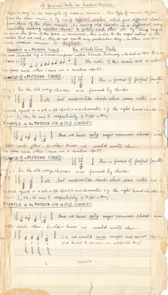 A faded, brown paper with descriptions of music and examples of scales and chords.