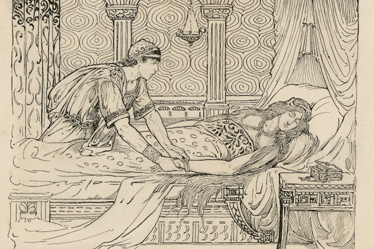 Drawing of Iachimo stealing Imogen's bracelet