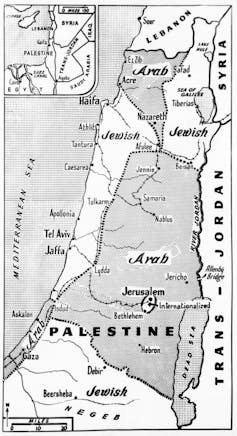 A black and white map shows different shaded areas, some with 'Arab' superimposed.