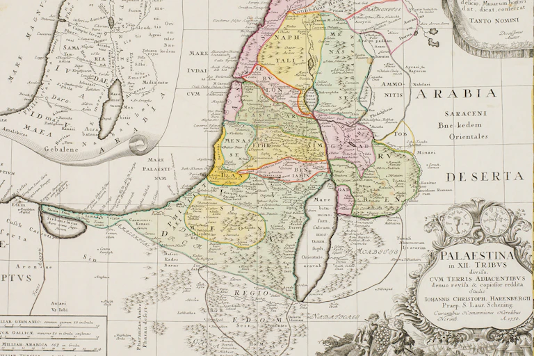 An old map shows different sections in various colors.