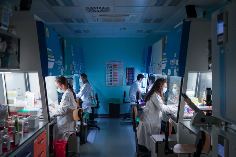 Young researchers wearing white coats and face masks at work in a scientific laboratory.
