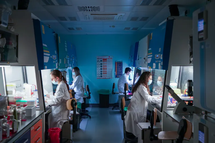 Young researchers wearing white coats and face masks at work in a scientific laboratory.