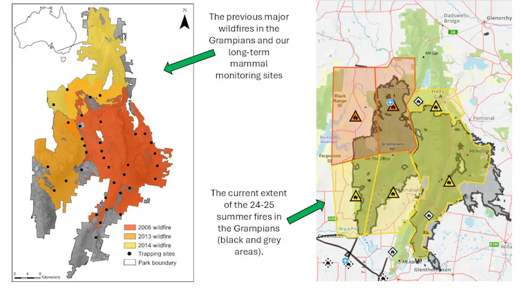 Maps comparing the extent of the fires in the Grampians this summer to fires in 2006, 2013 and 2014.