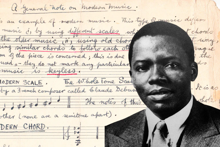 A black and white photo of a young African man in suit and tie, in the background a handwritten note outlining modern music scales and chords.
