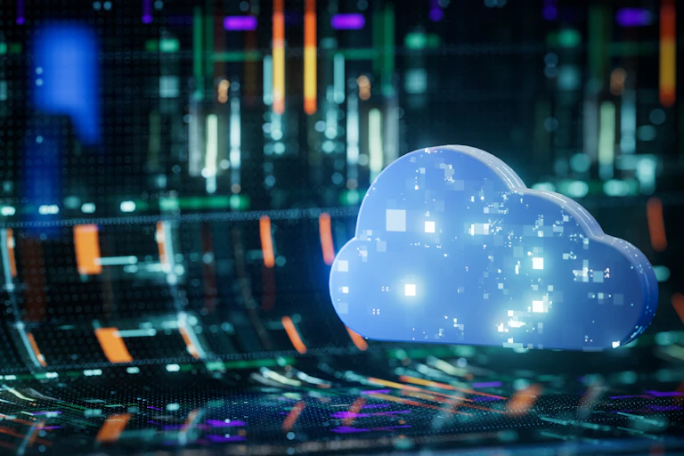 A digital image of a cloud-shaped object appears against a background of electronic coloured lights.