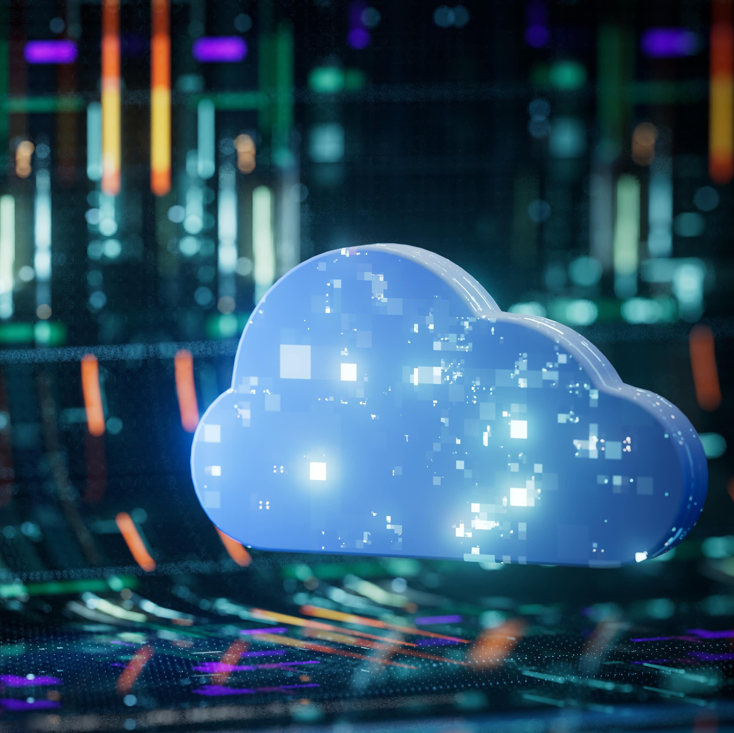 A digital image of a cloud-shaped object appears against a background of electronic coloured lights.