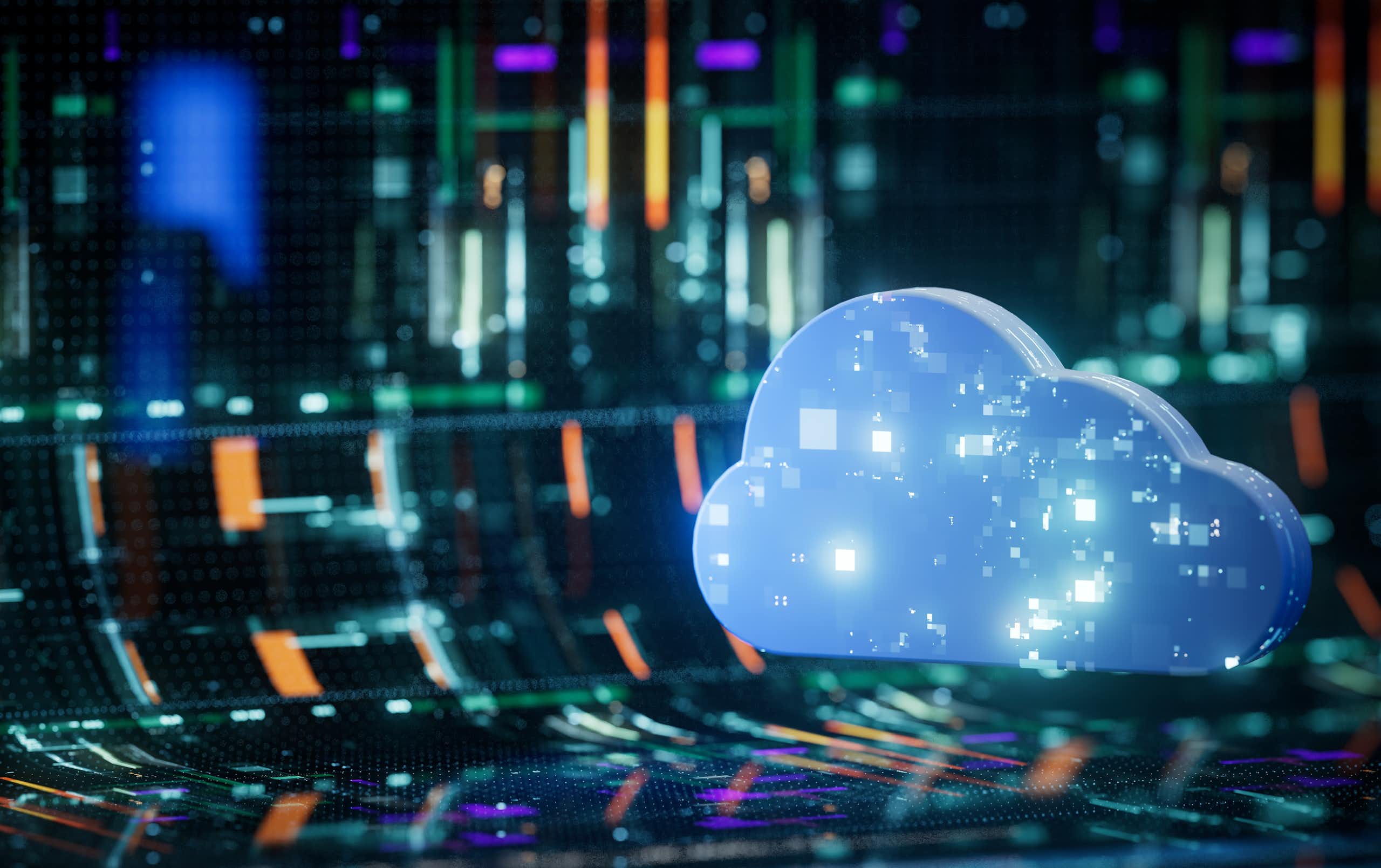 A digital image of a cloud-shaped object appears against a background of electronic coloured lights.