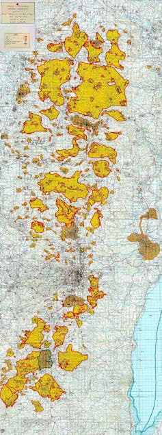 A map with certain areas highlighted in yellow.