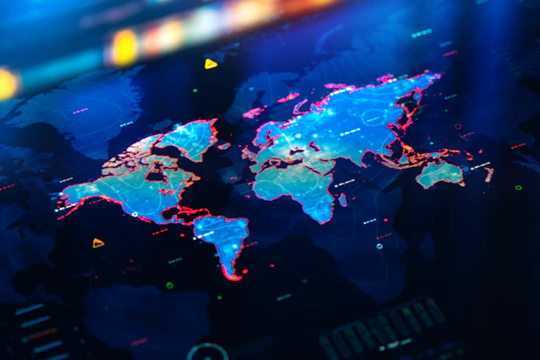 A digital display of a world map.