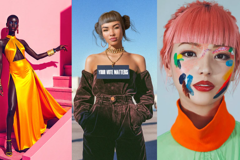 A collage showing four brightly coloured images of young woman who are "virtual influencers."