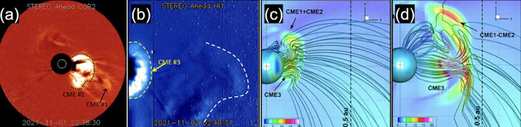 Four images showing a CME–CME interaction based on white-light observations from the STEREO telescope.