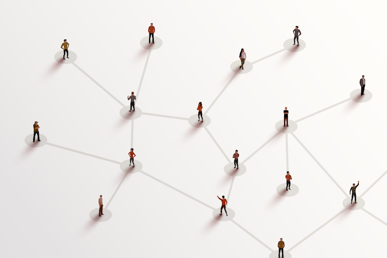 An illustration of people standing on a white background, connected by gray lines.