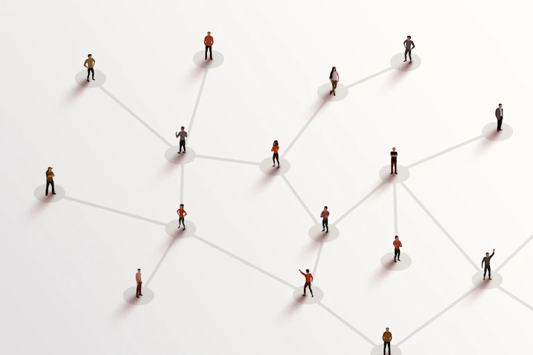 An illustration of people standing on a white background, connected by gray lines.