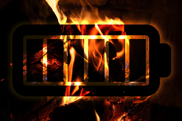 Illustration of Lithium-Ion battery in front of a burning fire place