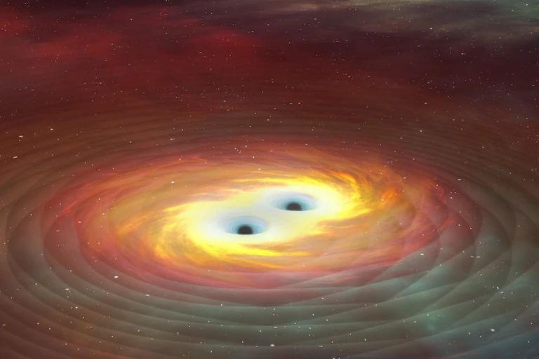 An illustration in shades of red, yellow, blue and purple showing two black dots in the centre and waves rippling out from the mass