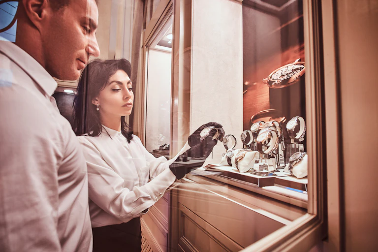 une femme avec des gans présente à un homme une montre qu'elle a sortie d'une vitrine