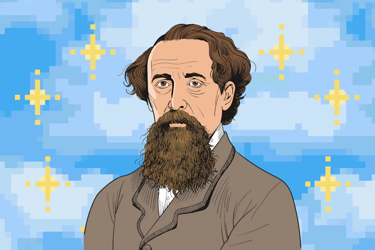 An illustration of Charles Dickens with a pixelated videogame-esque backdrop.