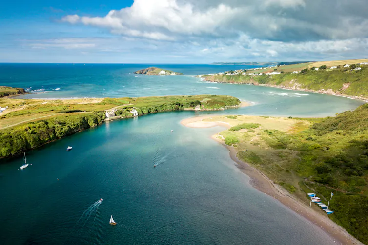 aerial shot of Bantham beach and estuary, Devon