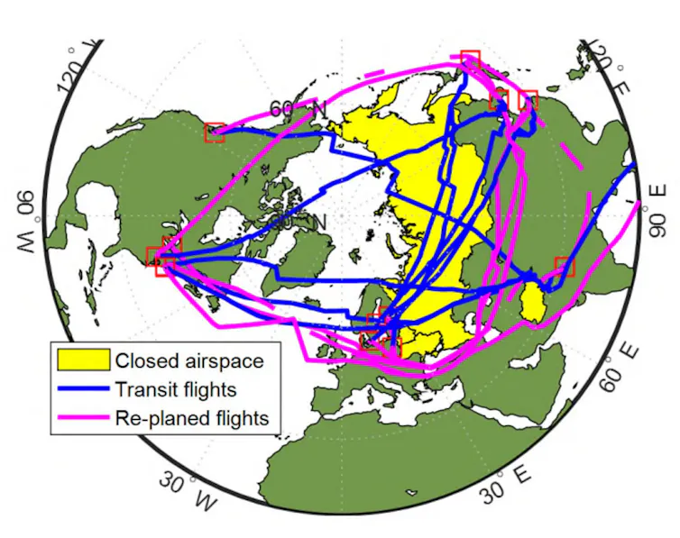 A world map showing closed airspaces and rerouted flight paths.