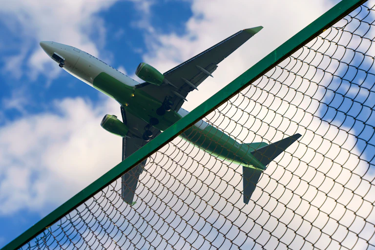 An aeroplane flying over a chain link fence.