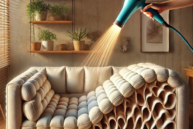 AI image of a hairdryer being held above a futuristic sofa