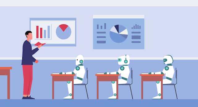 cartoon of a human teacher and three students who are robots