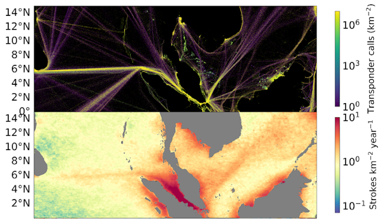 Two images show how lightning strikes mirror the shipping lanes.