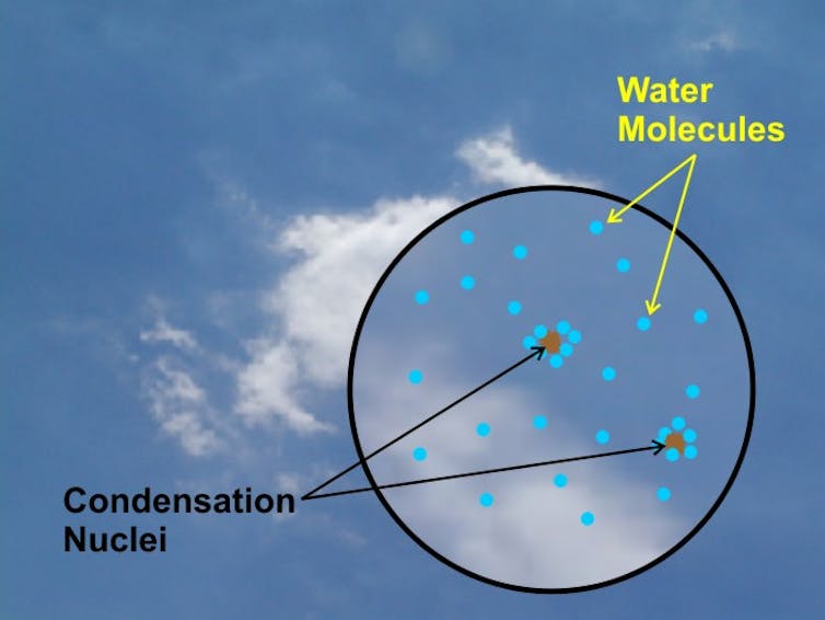 Illustration shows how water molecules condense around a nuclei to form clouds