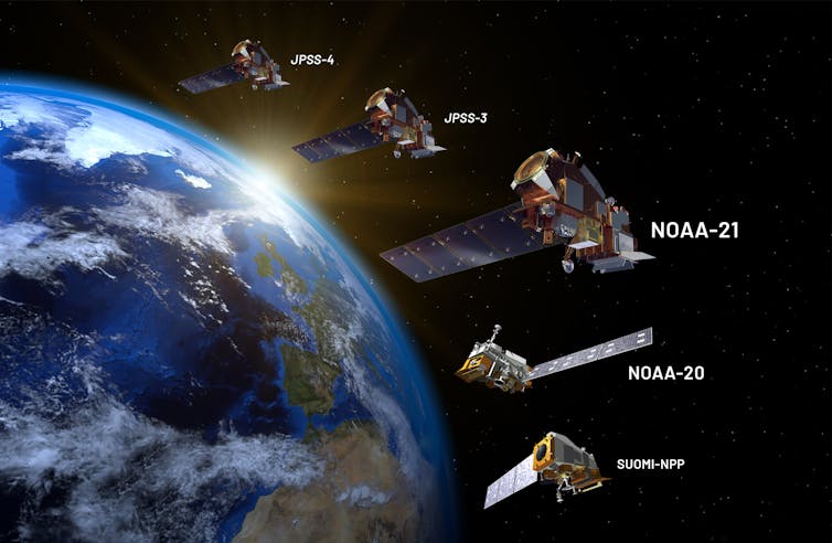 An illustration of several NOAA satellites.