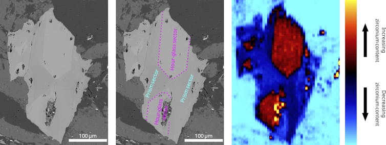 Microscope images of crystals showing an hourglass-like structure.