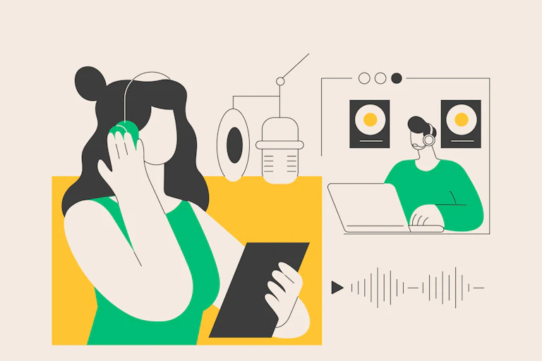 Illustration, a woman recording in a sound booth.
