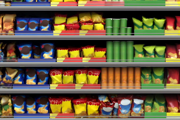 Supermarket shelves showing packages with no branding