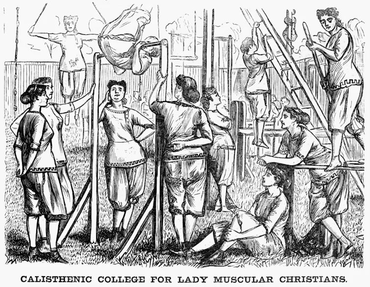 Women practicing calisthenic exercises, with a text caption reading 'CALISTHENIC COLLEGE FOR LADY MUSCULAR CHRISTIANS'.