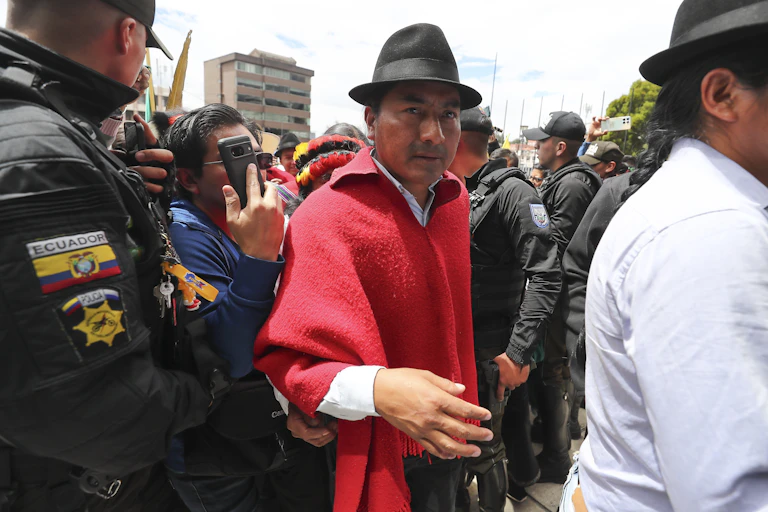 The leader of Ecuador's indigenous political movement, Leonidas Iza, attending a march.
