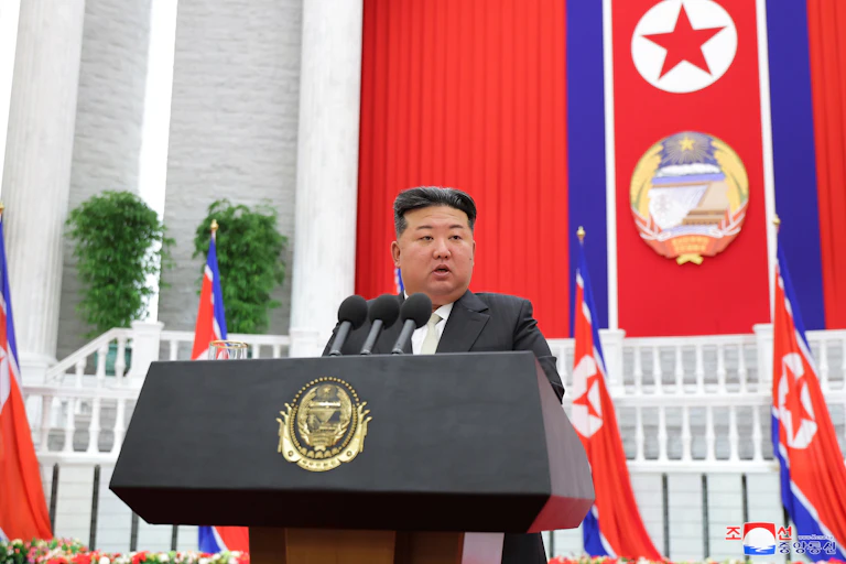 North Korean leader Kim Jong-un speaking in 2024.
