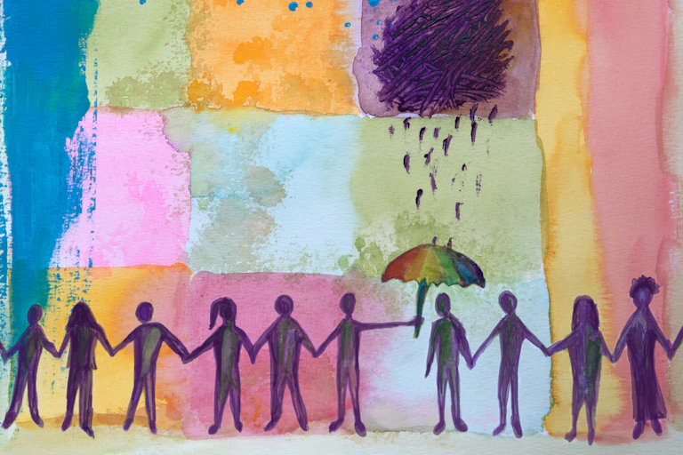 People holding hands and offering assistance to a person in need. Concept of care, emotional support.