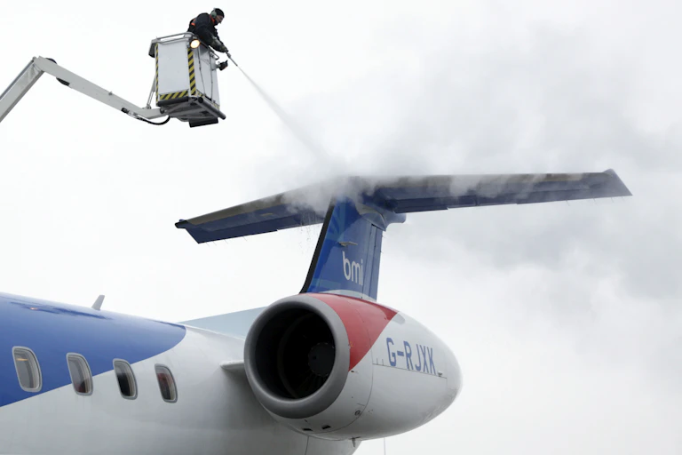 A worker standing in an aerial lift machine sprays a fogging fluid at the back tail of an airplane.