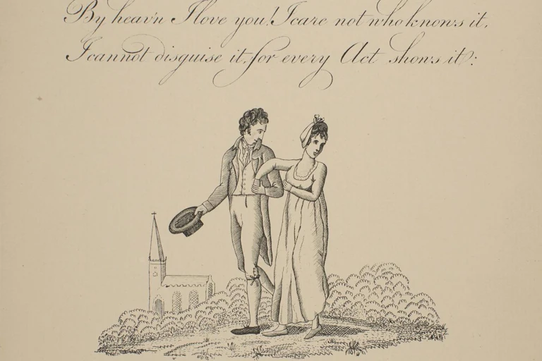 A sketch showing a man and a woman walking arm in arm