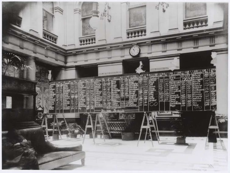A large blackboard with a series of numbers being tallied up.