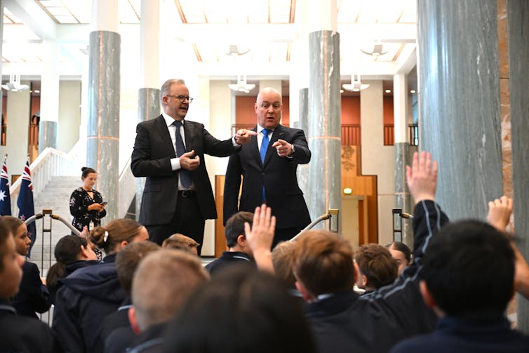 Prime Minister Anthony Albanese and his New Zealand counterpart Christopher Luxon spoke to school children at Parliament House in Canberra.