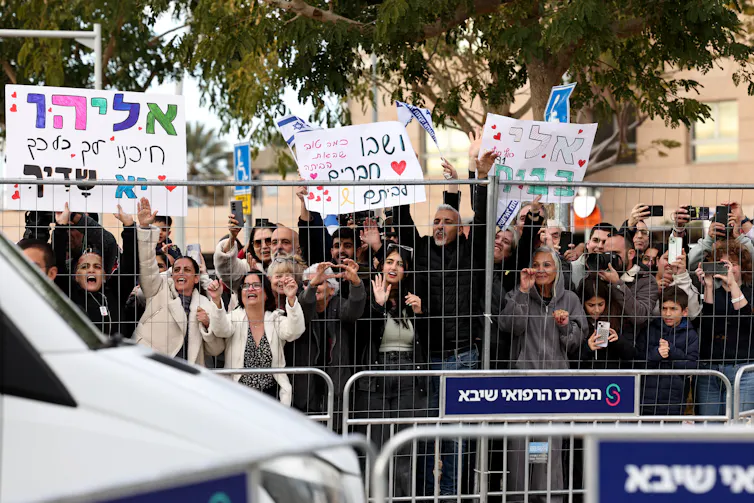 Israeli relatives and friends gather for the release of Israeli hostages, Februiary 8 2025.
