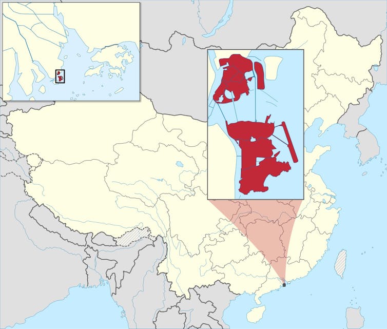 A map showing the location of Macau in southern China.